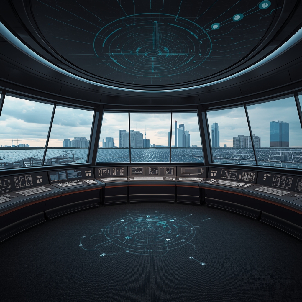Futuristic city power grid control room with holographic energy flow maps, glowing circuit patterns, solar panel arrays visible through panoramic windows, advanced technology aesthetic, no people